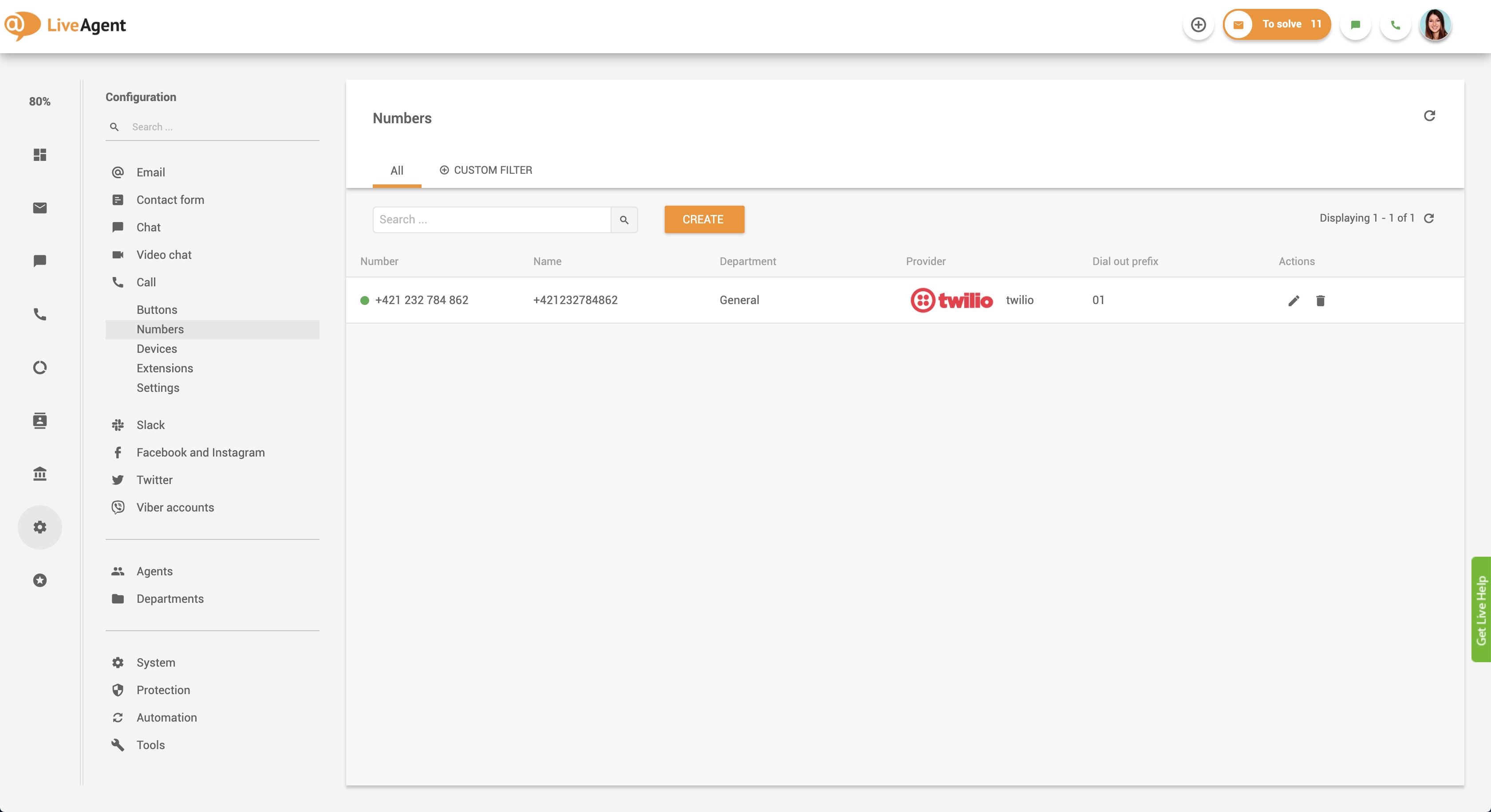 Configuración de devolución de llamada en LiveAgent - conectar número de teléfono