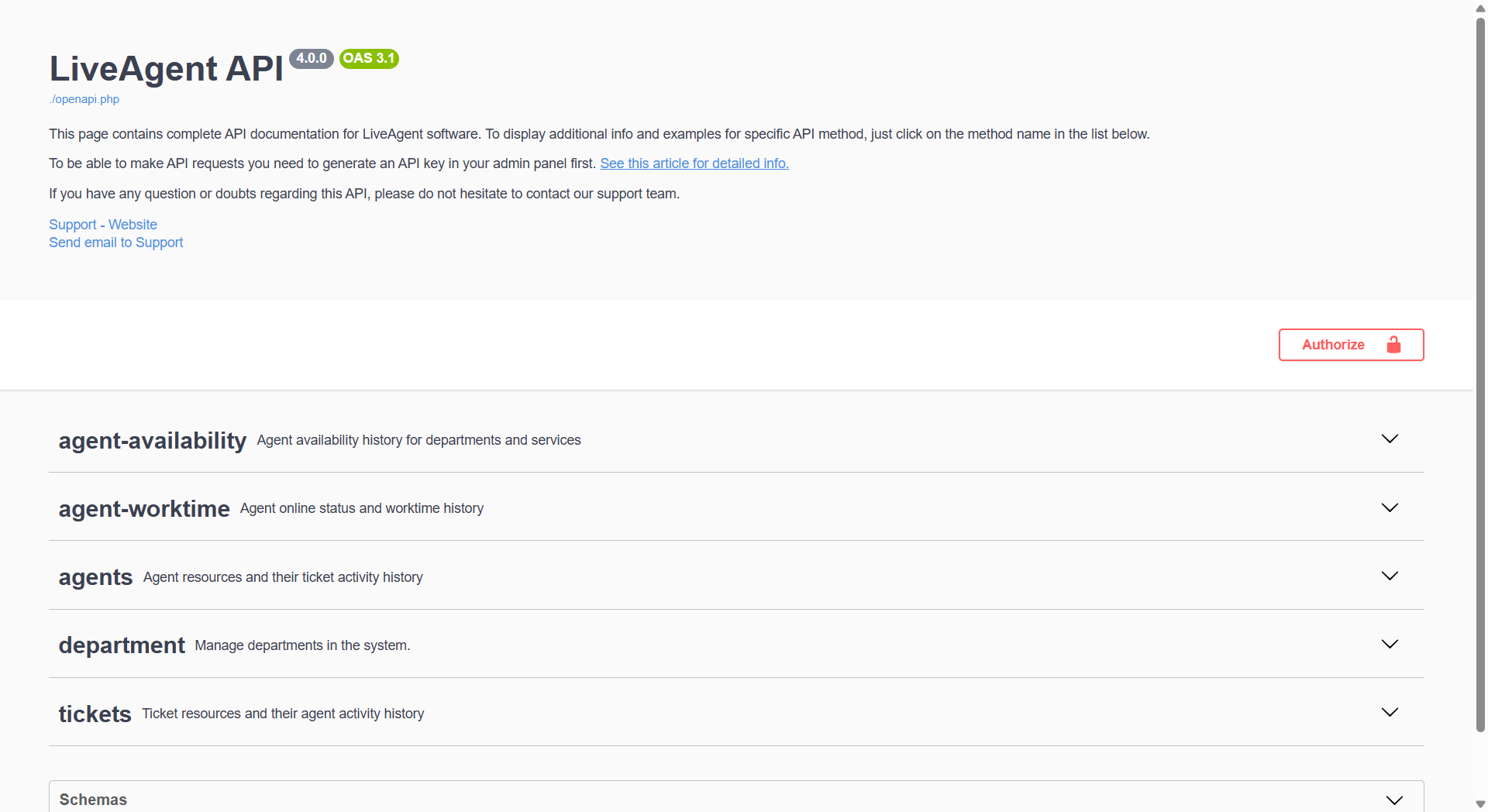 Descripción general de la documentación de la API v4 de LiveAgent con los endpoints disponibles