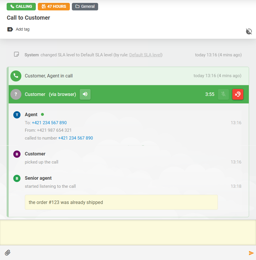 Función de escucha de llamadas de LiveAgent con interacción de notas entre agentes