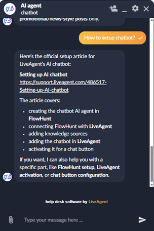 Chat de Agente IA de LiveAgent con soporte de markdown