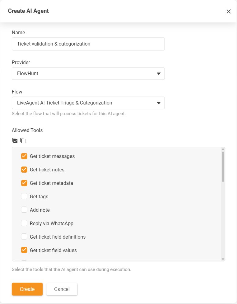 Cuadro de diálogo Crear agente de IA de LiveAgent con la lista de Herramientas permitidas de acciones autorizadas