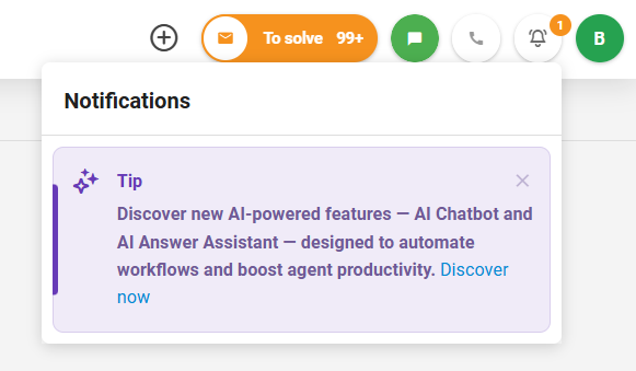 Captura de pantalla del nuevo panel de noticias en la aplicación de LiveAgent que muestra notificaciones y actualizaciones