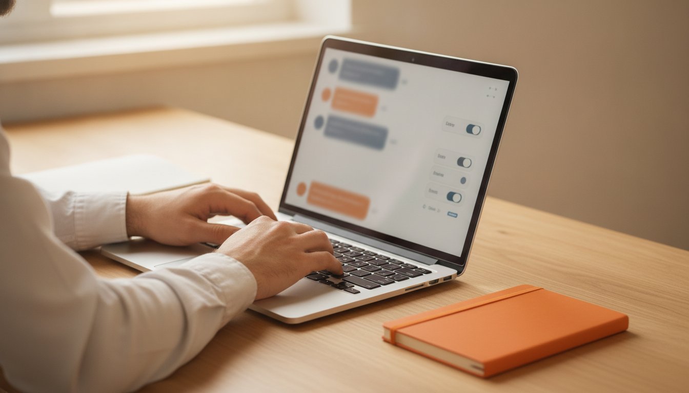 Gerente de soporte ajustando la configuración de transferencia y escalación del chatbot de LiveAgent en una laptop