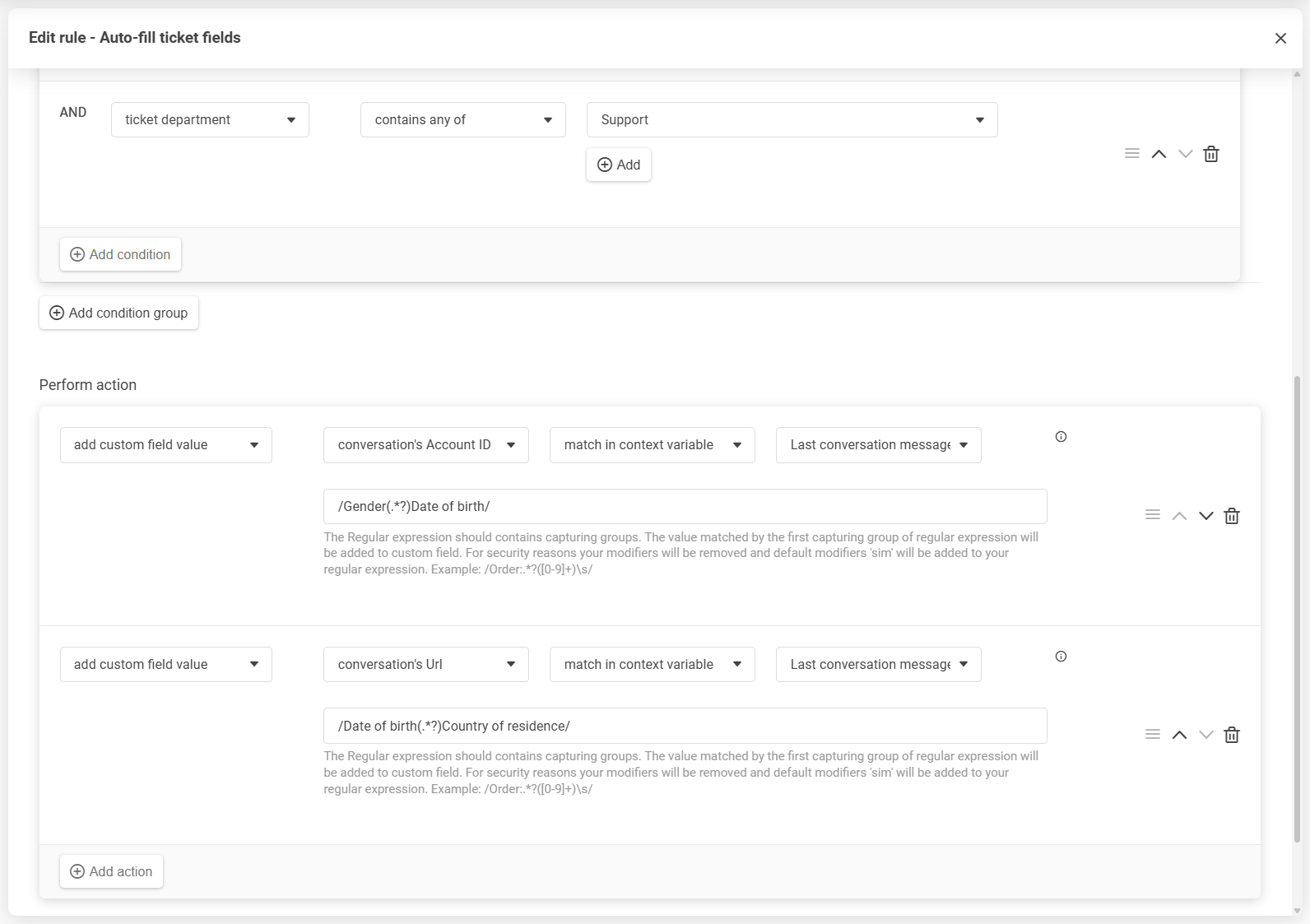 Editor de reglas de LiveAgent con reordenación mediante arrastrar y soltar de condiciones y acciones