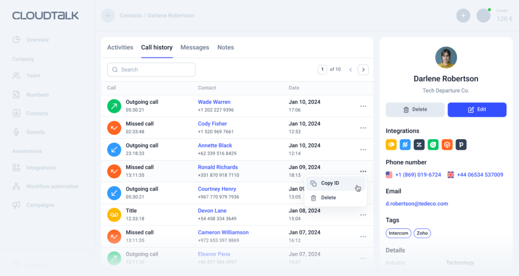 Interfaz de usuario de CloudTalk