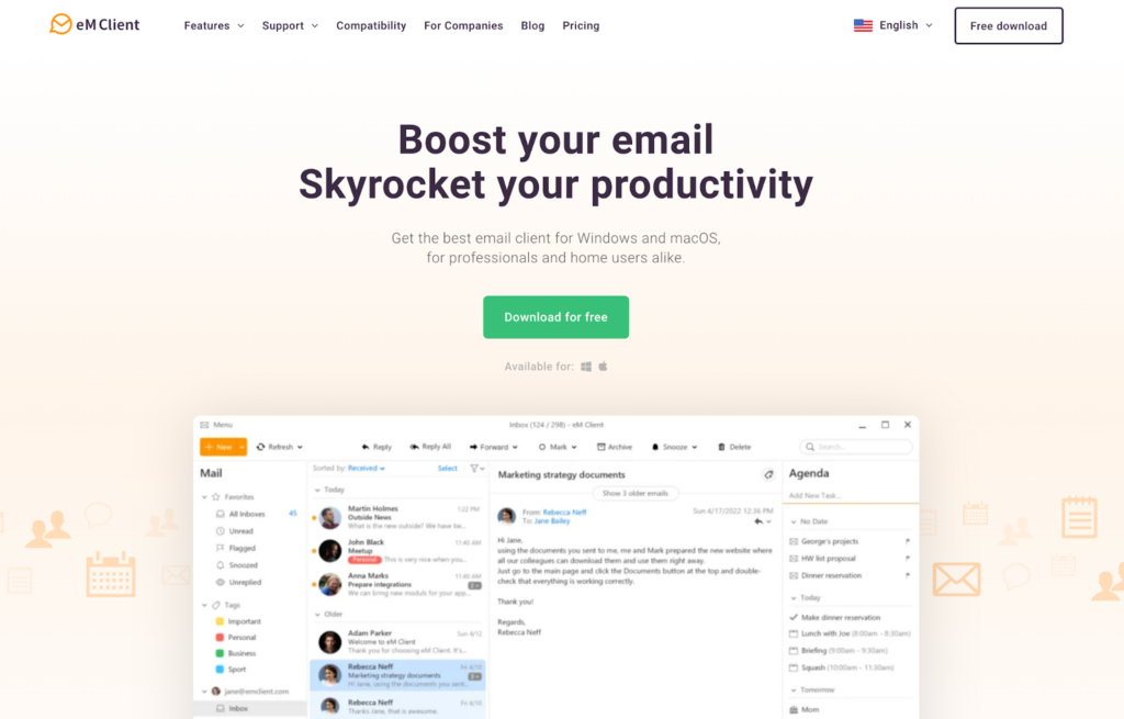 Página de inicio de eM Client