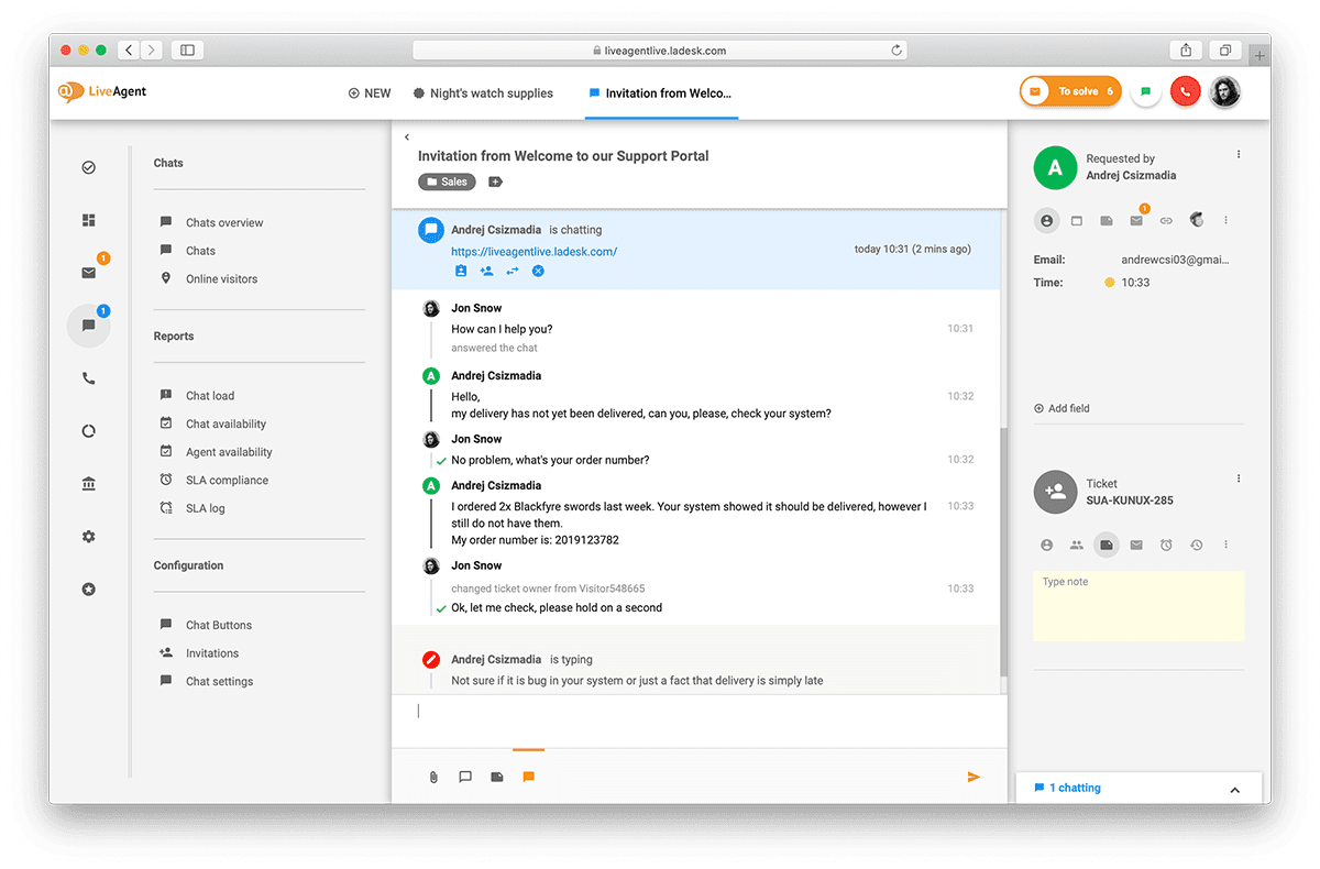 Descripción general de la interfaz de chat en vivo en LiveAgent.