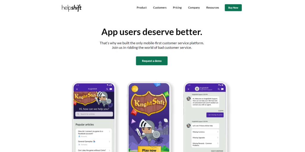 Página de inicio de Helpshift