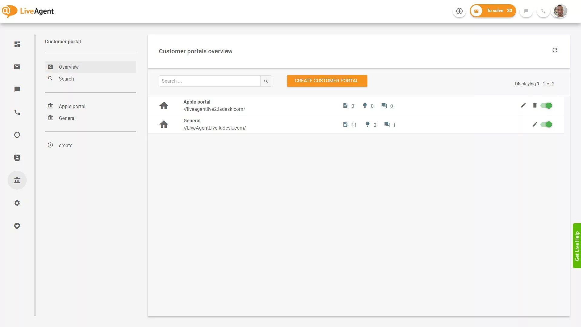 Descripción general de tickets de LiveAgent dentro de la aplicación