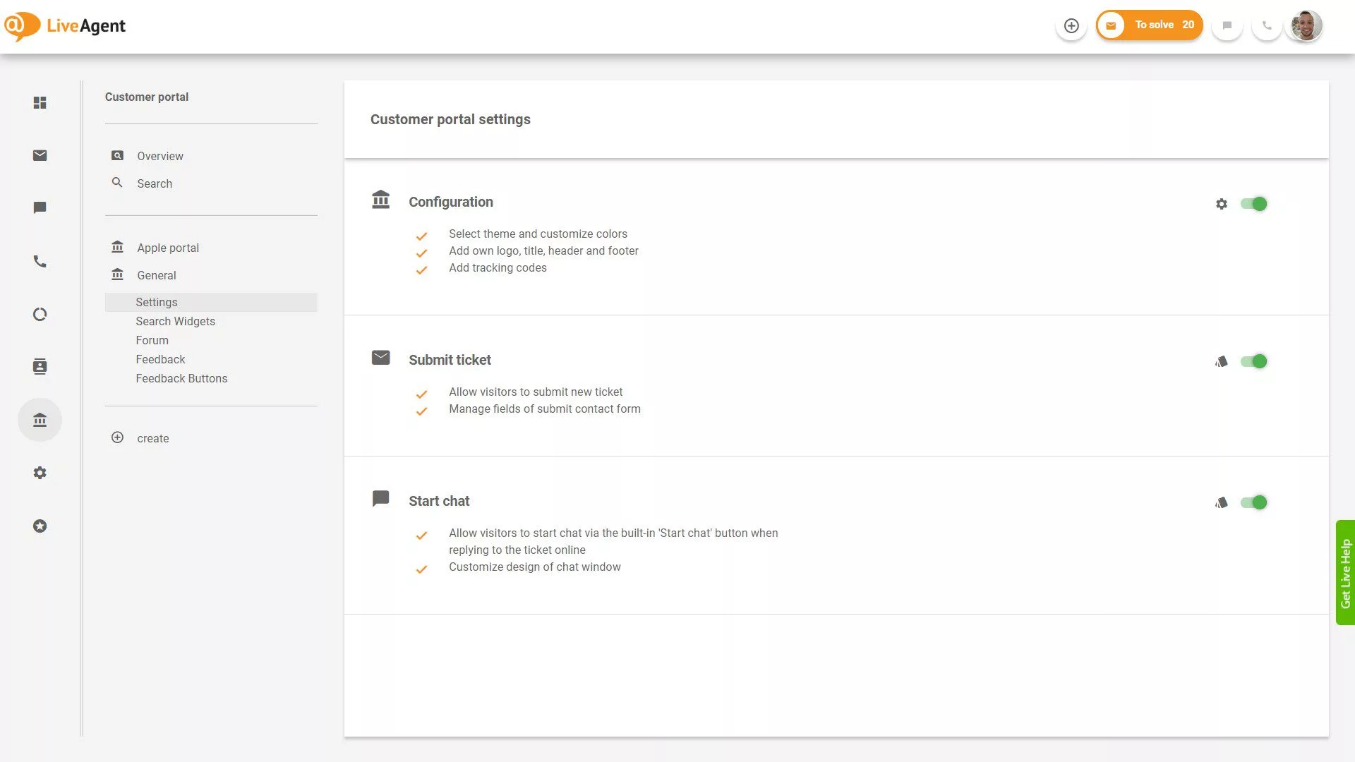 Descripción general de tickets de LiveAgent dentro de la aplicación