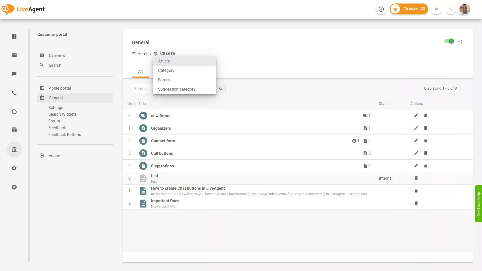 Descripción general de tickets de LiveAgent dentro de la aplicación