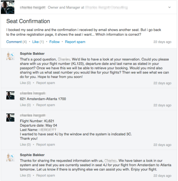 Respuesta de KLM Airlines a la pregunta del cliente en LinkedIn