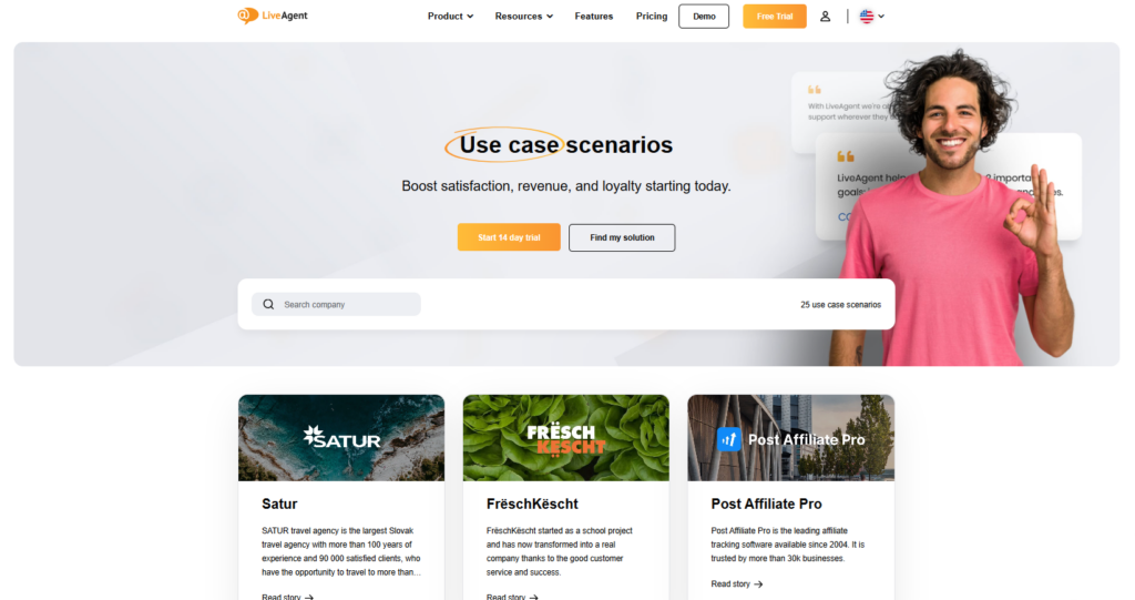 Captura de pantalla del sitio web de LiveAgent donde comparten historias de éxito de sus clientes