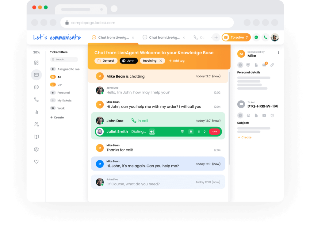 Sistema de tickets de LiveAgent - vista del equipo de soporte