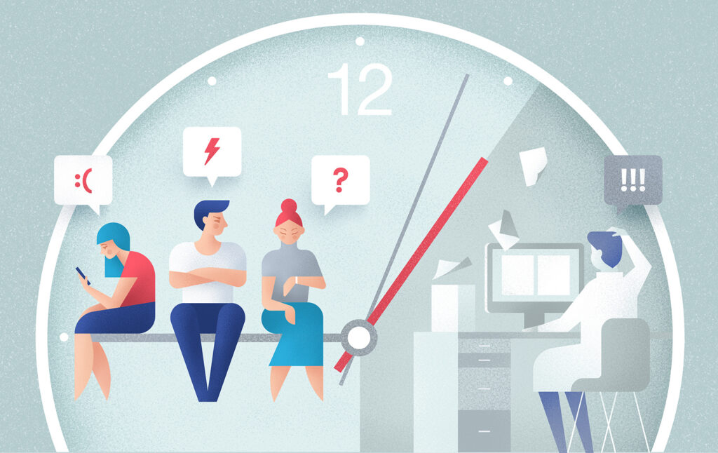 Ilustración de clientes esperando soporte al cliente