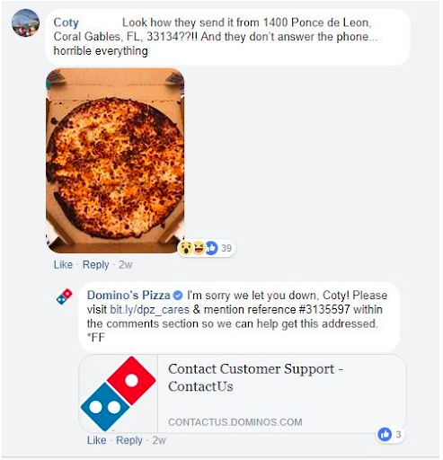 Domino's reaccionando en comentarios de Facebook