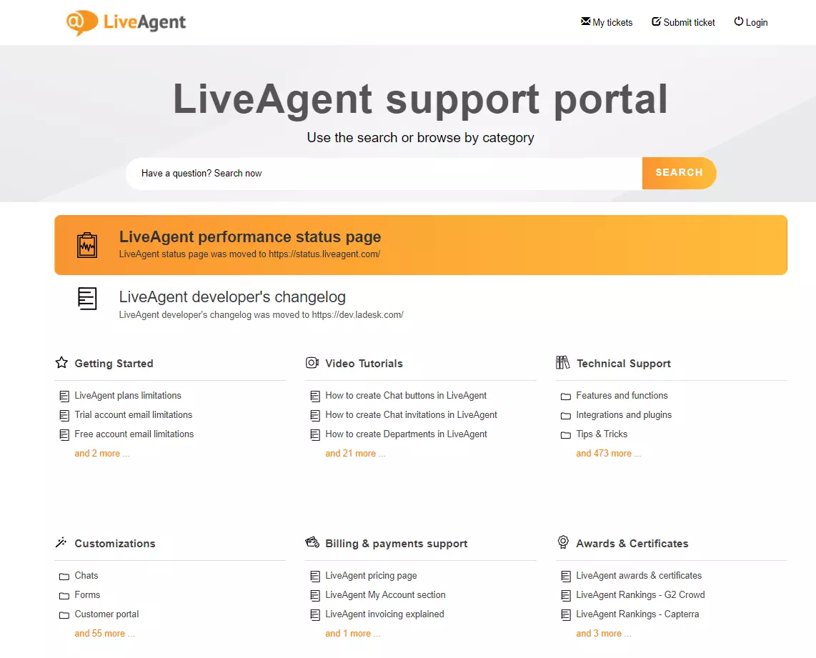 Capture d'écran montrant la catégorie de support technique de la base de connaissances de LiveAgent