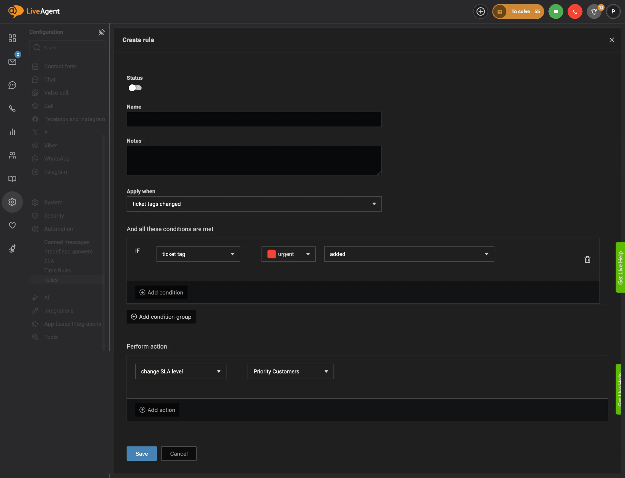 Regla de LiveAgent que cambia el nivel de SLA a Clientes prioritarios cuando se añade la etiqueta urgent a un ticket