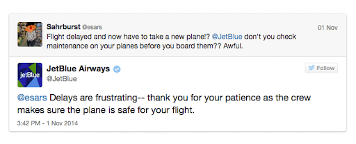 Respuesta de JetBlue a tweet de cliente insatisfecho en Twitter