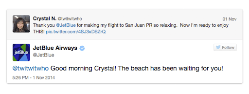 Respuesta de JetBlue a tweet de cliente satisfecho en Twitter