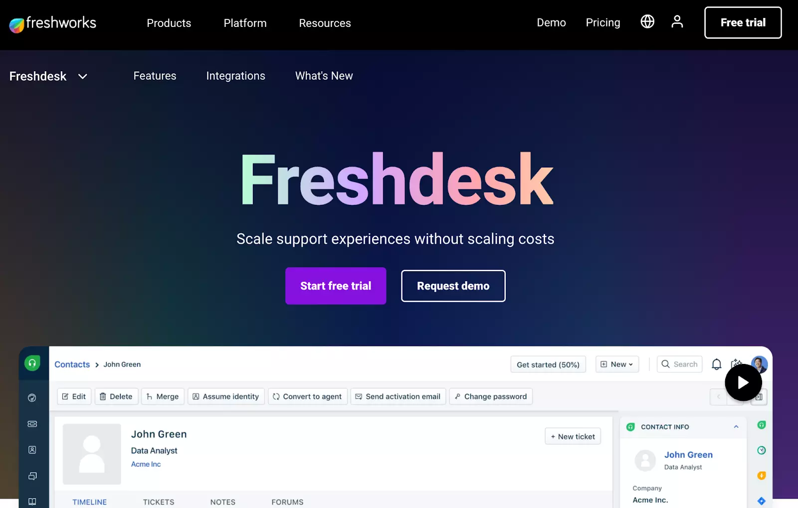 Página de inicio del sistema de ticketing de soporte de Freshdesk