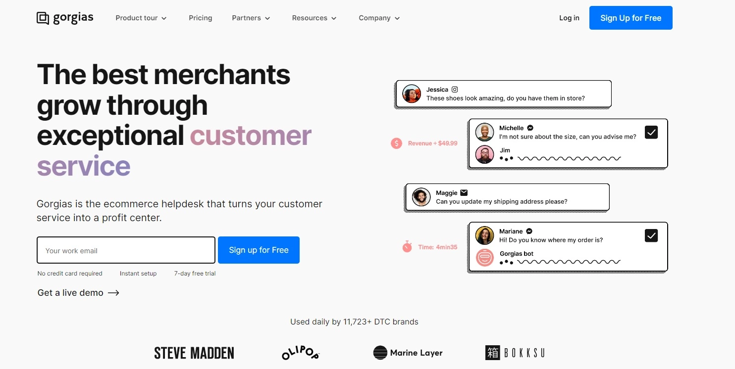 Página de inicio de Gorgias - software de chat en vivo de eCommerce enfocado en ganancias