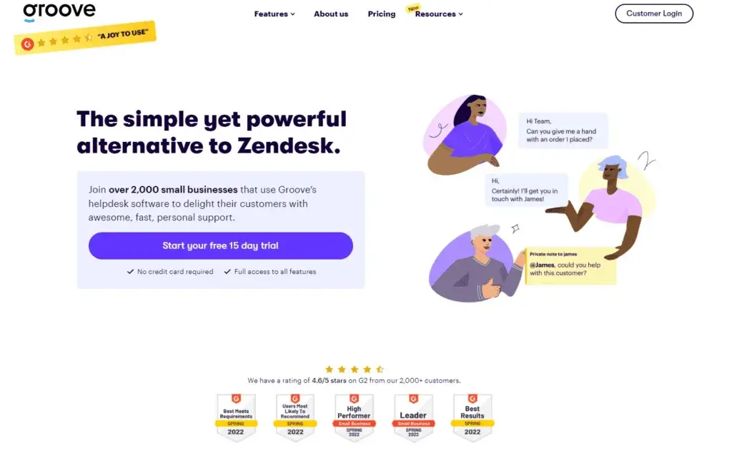 Página de inicio de Groove - Alternativa simplificada a Zendesk para pequeños negocios
