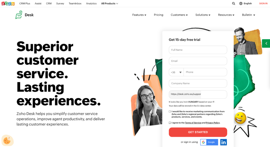Página de inicio del sistema de tickets de Zoho Desk