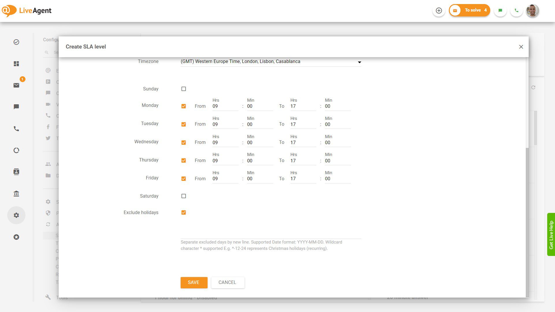 Configuración de horario comercial en LiveAgent
