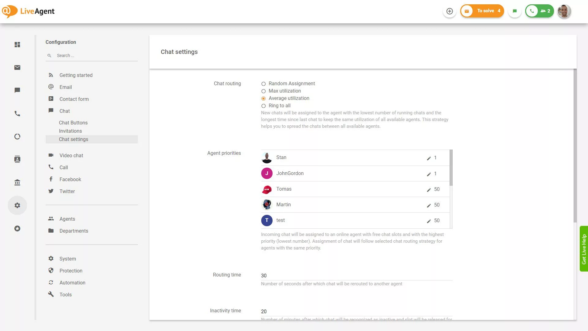 Configuración de chat de LiveAgent