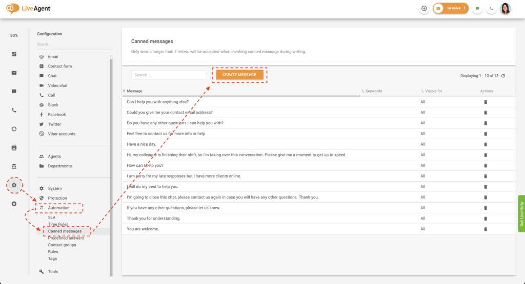 Crear mensajes predefinidos en LiveAgent