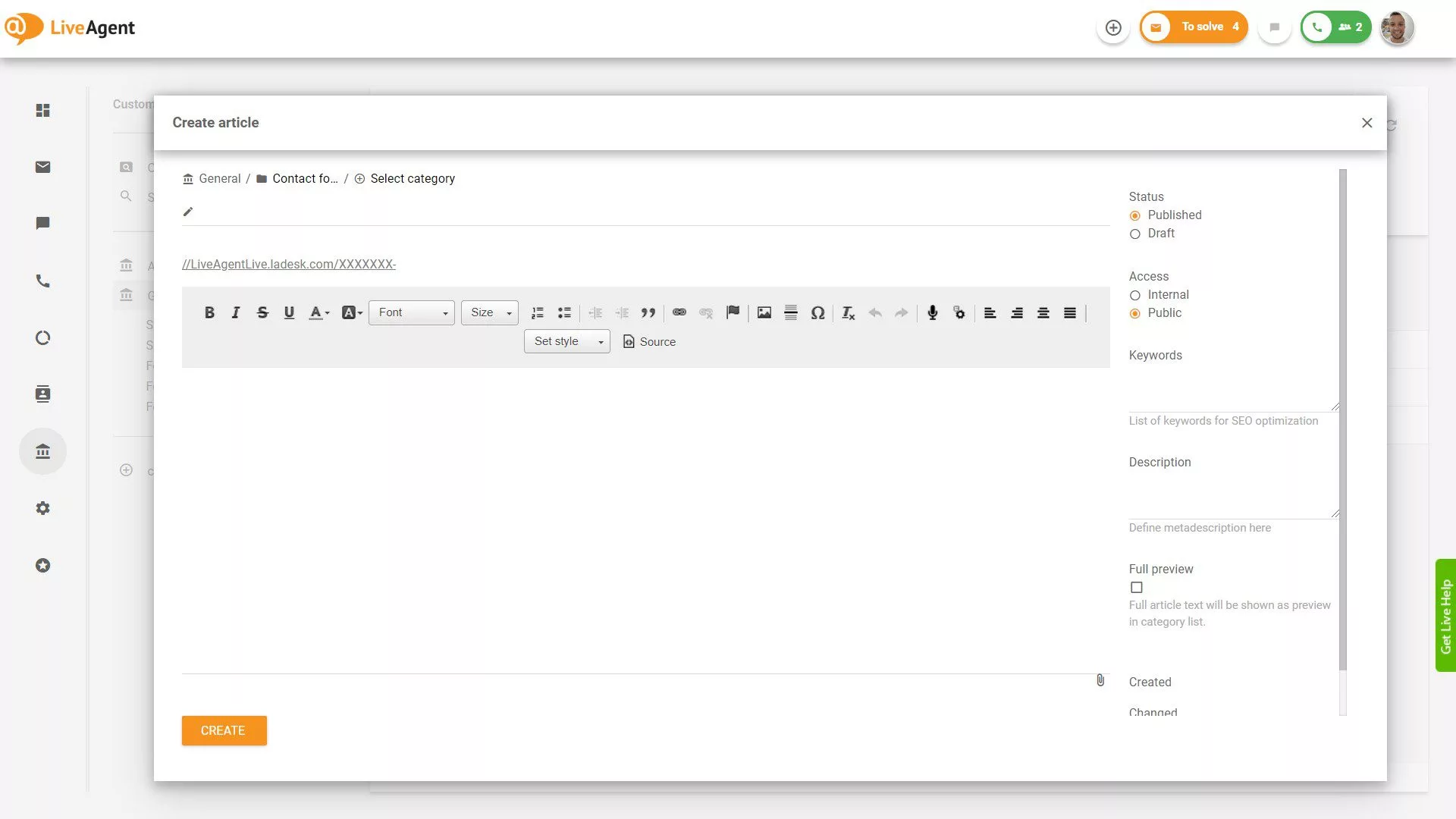 LiveAgent Creando artículo de base de conocimiento