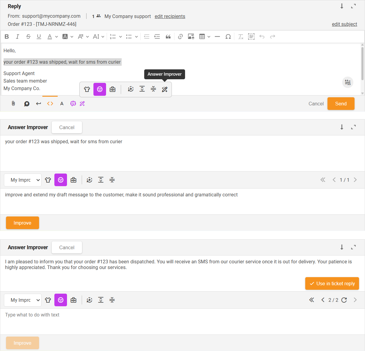 Función Mejorador de Respuestas (instrucciones personalizadas) refinando un mensaje