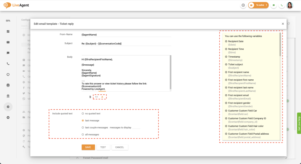 Personalización de plantillas de correo electrónico de LiveAgent