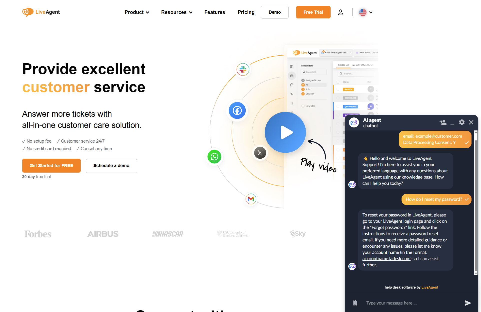 Conversación de chat del chatbot de IA de LiveAgent en la página de LiveAgent