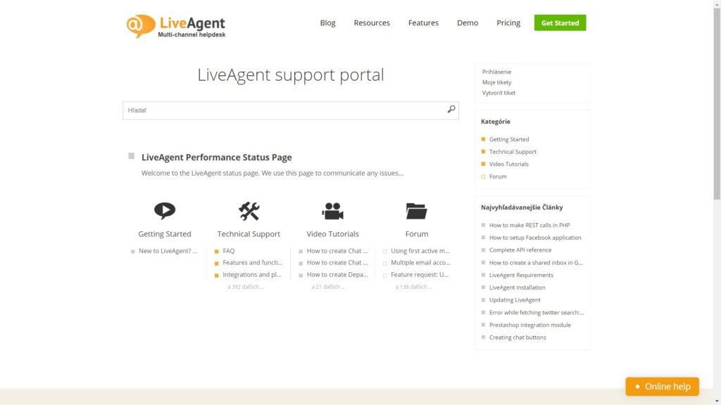 Portal de soporte de LiveAgent. Un excelente ejemplo de una base de conocimiento fácilmente buscable.
