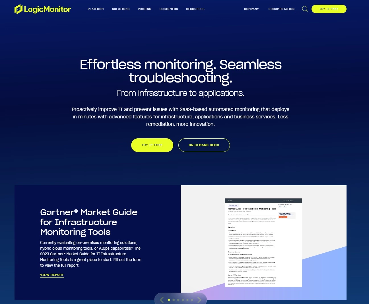 Captura de pantalla de la página de inicio de LogicMonitor - plataforma de rendimiento de TI para supervisión y solución de problemas sin esfuerzo