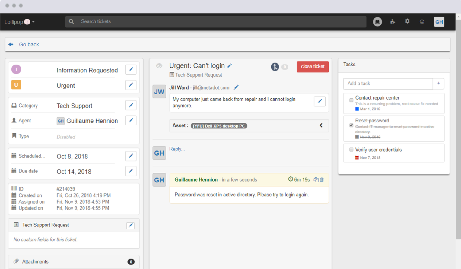 Tareas de tickets de Mojo IT Helpdesk