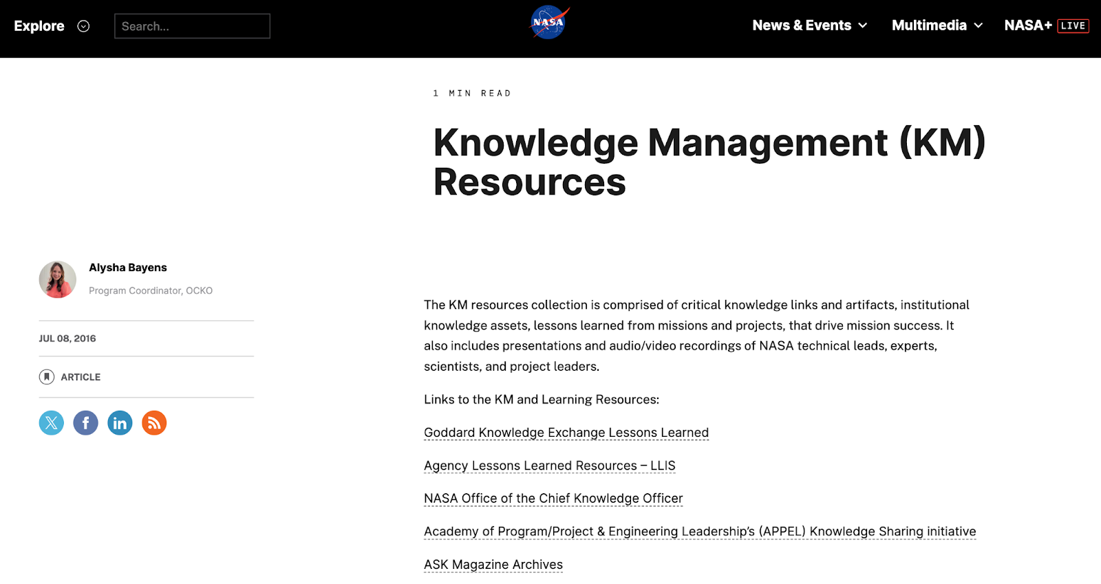 Una captura de pantalla de los recursos de gestión del conocimiento de NASA