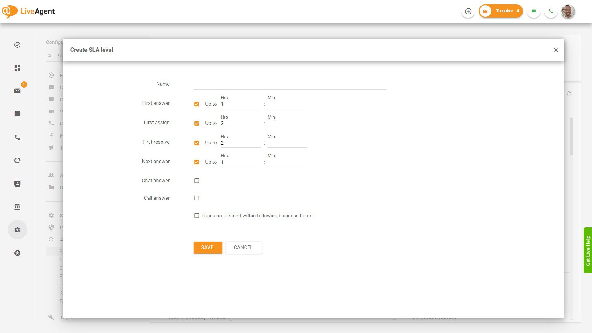 Crear nivel de SLA en LiveAgent