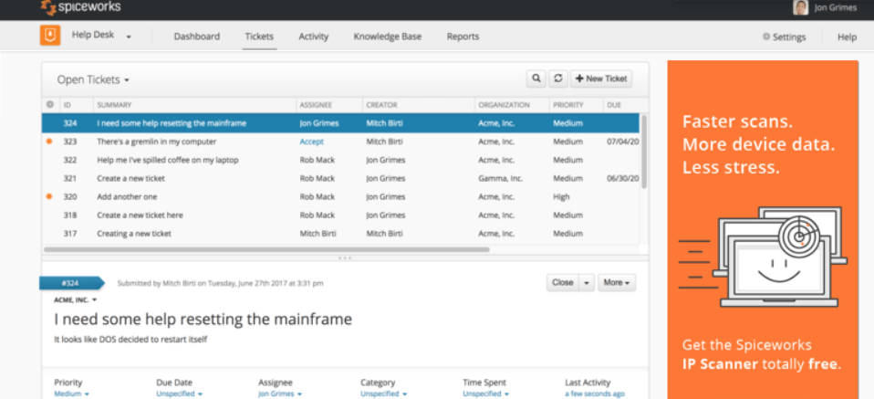 Servicio de ticketing gratuito de Spiceworks