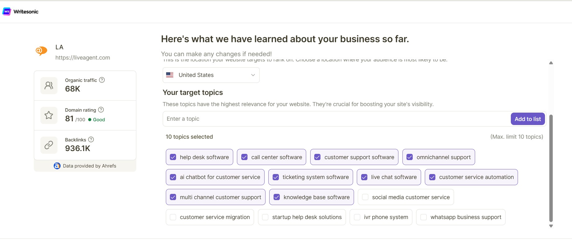 Descripción general de auditoría SEO del sitio web de Writesonic