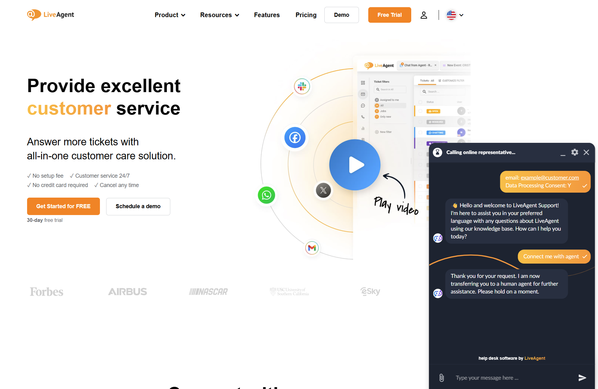 Conversación del Chatbot de IA de LiveAgent con un bot en la página web de LiveAgent