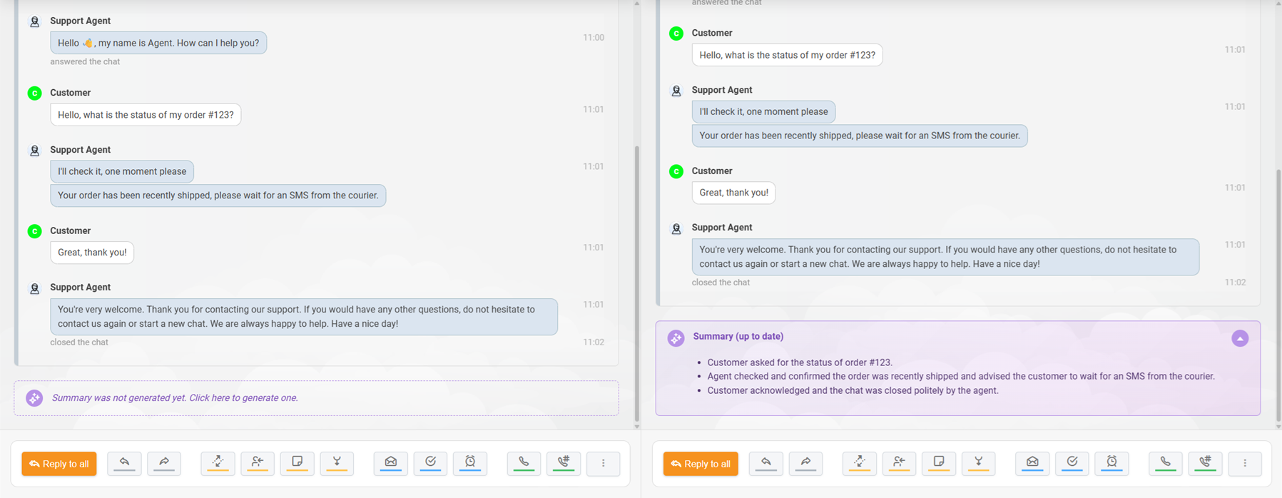 Resumen de ticket con IA de LiveAgent generado para una conversación de chat