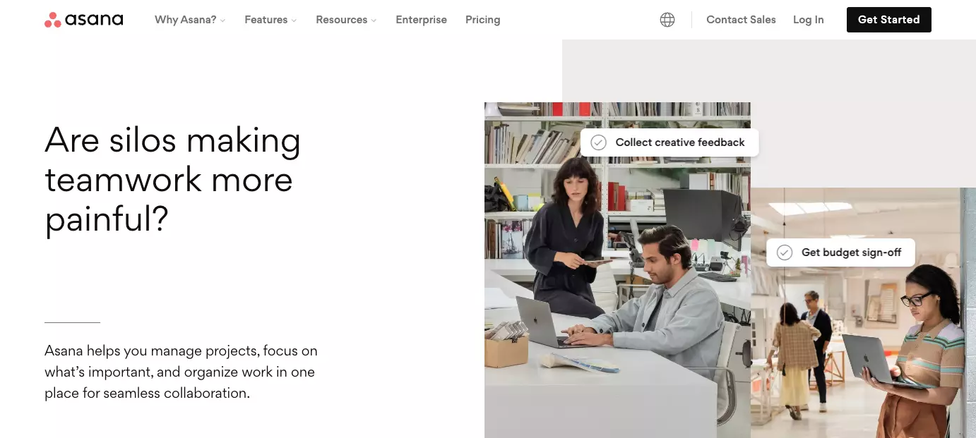 Página de inicio de Asana - mejora la eficiencia en tu organización mejorando la colaboración en equipo, organizando el trabajo y manteniendo la transparencia.