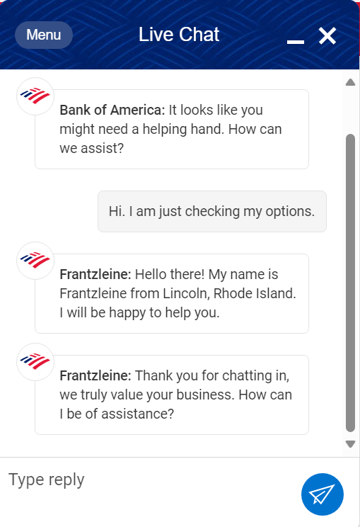 Ejemplo de chat en vivo de Bank of America