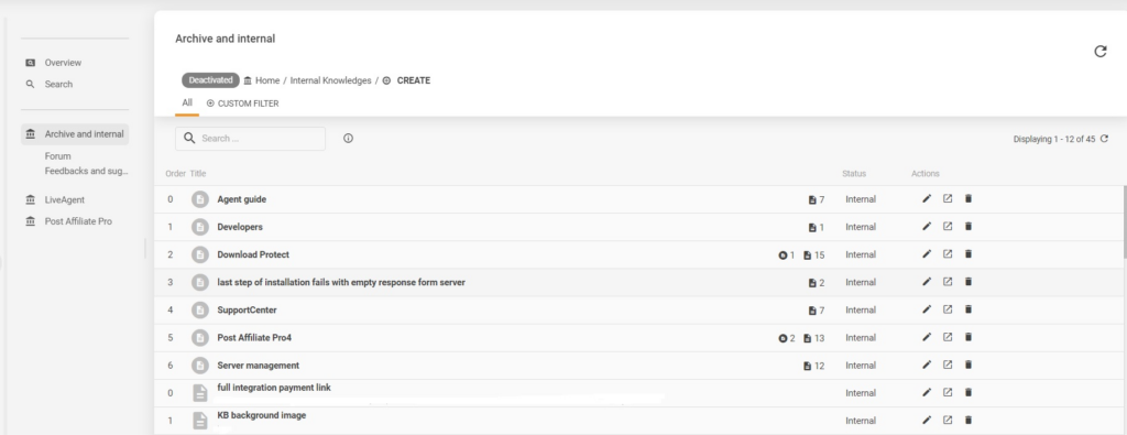 Ejemplo de la base de conocimiento interna de LiveAgent
