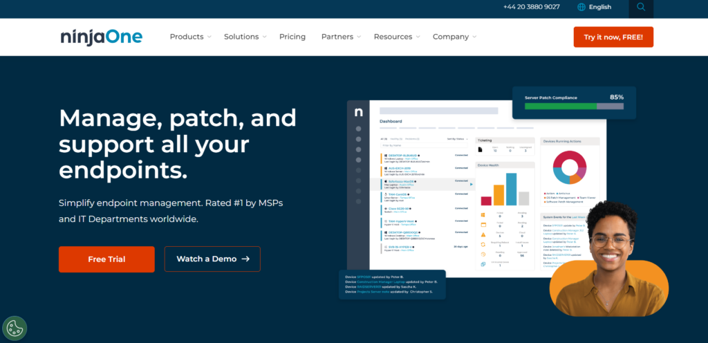 Página de inicio de NinjaOne - plataforma de gestión de TI