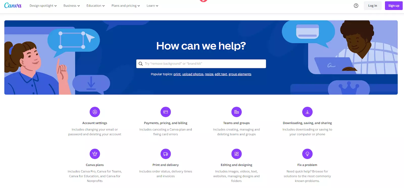 Página de base de conocimientos de Canva