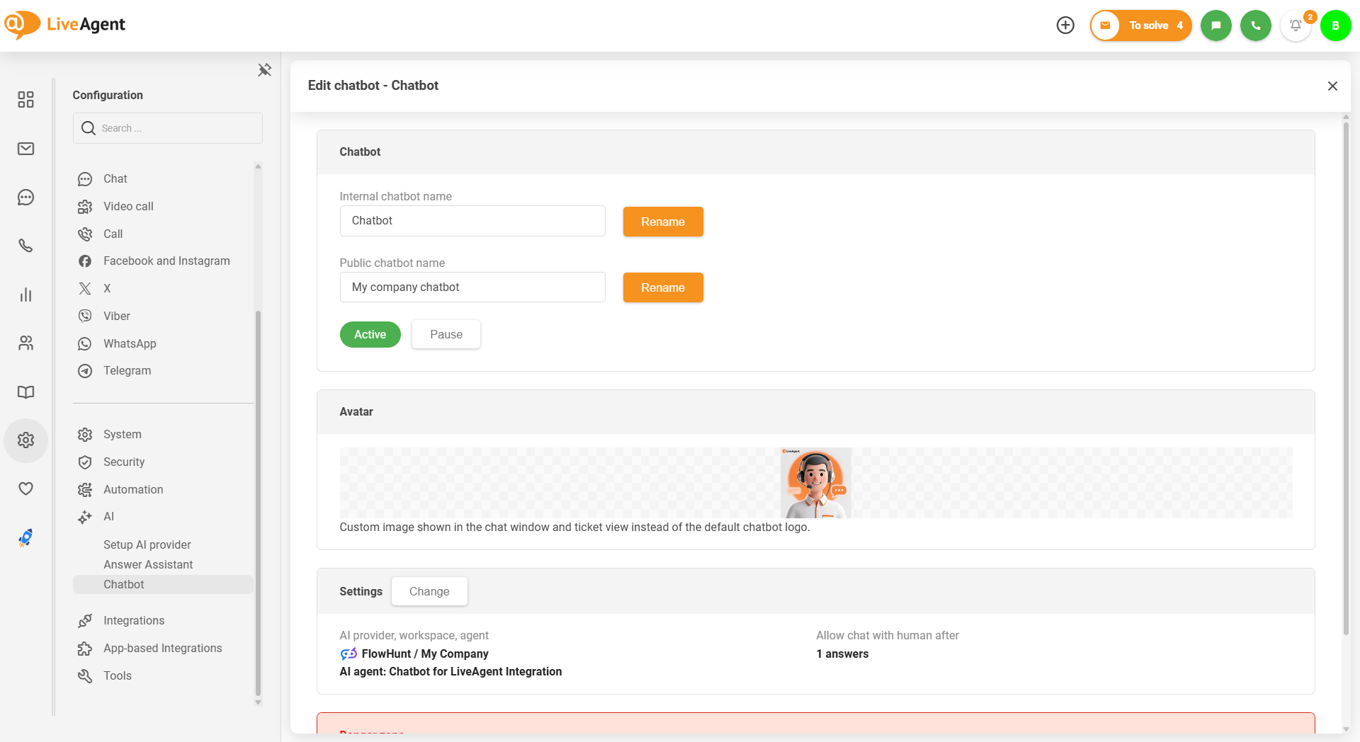 Chatbot de IA de LiveAgent con carga de avatar personalizado